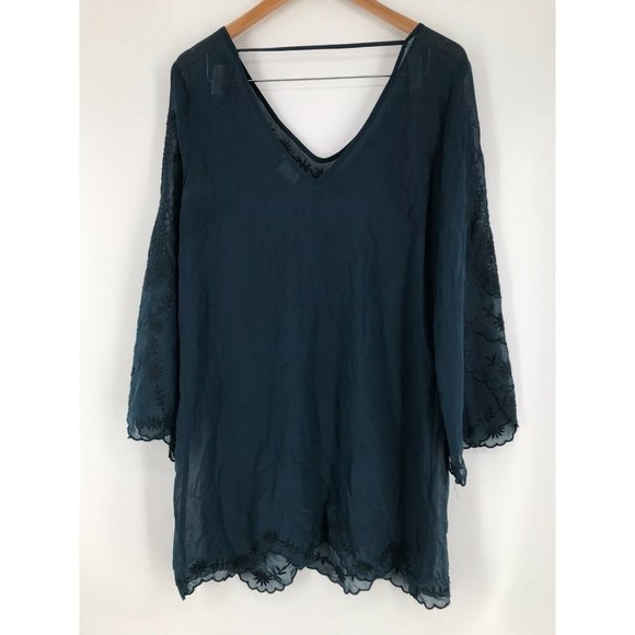 ASTR Teal Green Bell Sleeve Sheer Embroidered Mini Shift Dress S Read - Picture 7 of 8